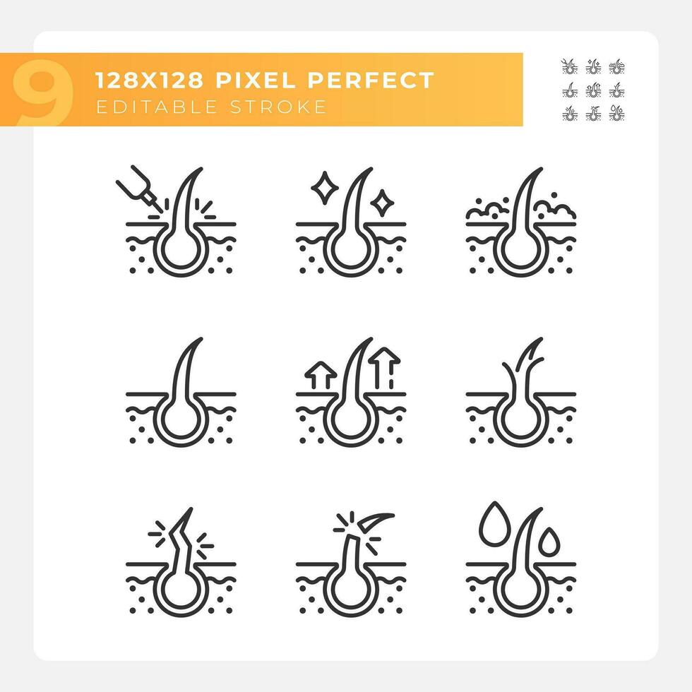 2D pixel perfect black icons set representing haircare, customizable thin line illustration. vector