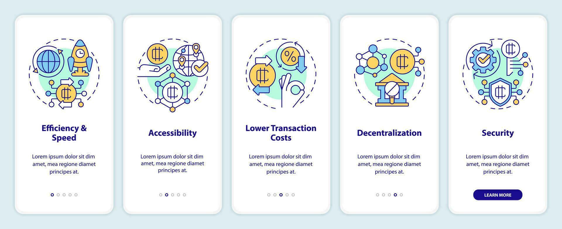 2d íconos representando digital moneda móvil aplicación pantalla colocar. recorrido 5 5 pasos vistoso gráfico instrucciones con Delgado línea íconos concepto, ui, ux, gui modelo. vector