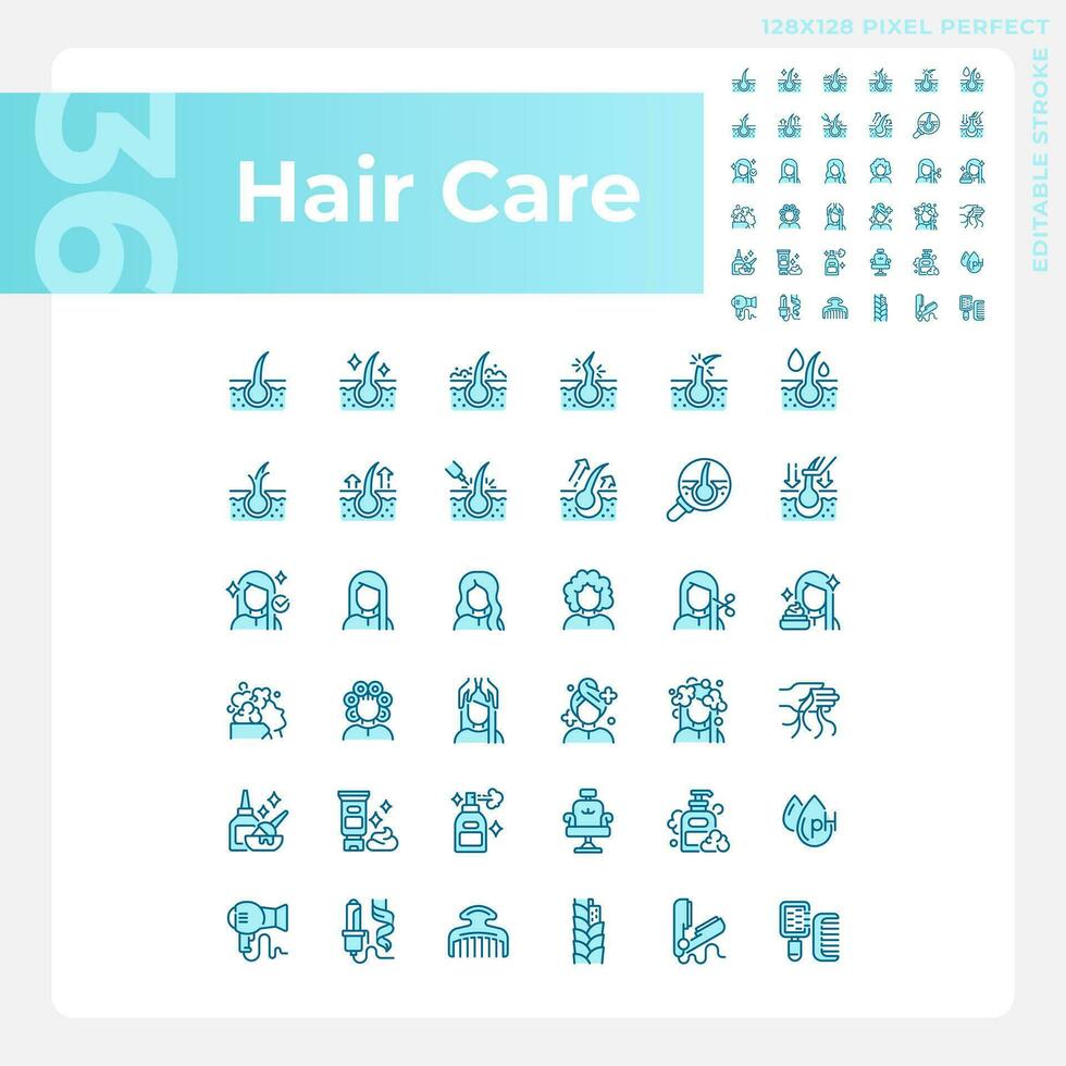 Pixel perfect blue icons collection representing haircare, editable thin line monochromatic illustration. vector