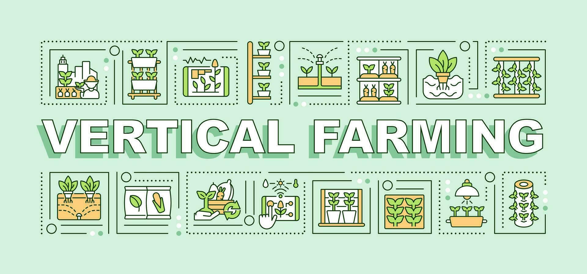 Vertical farming text with various icons on green monochromatic background, editable 2D vector illustration.