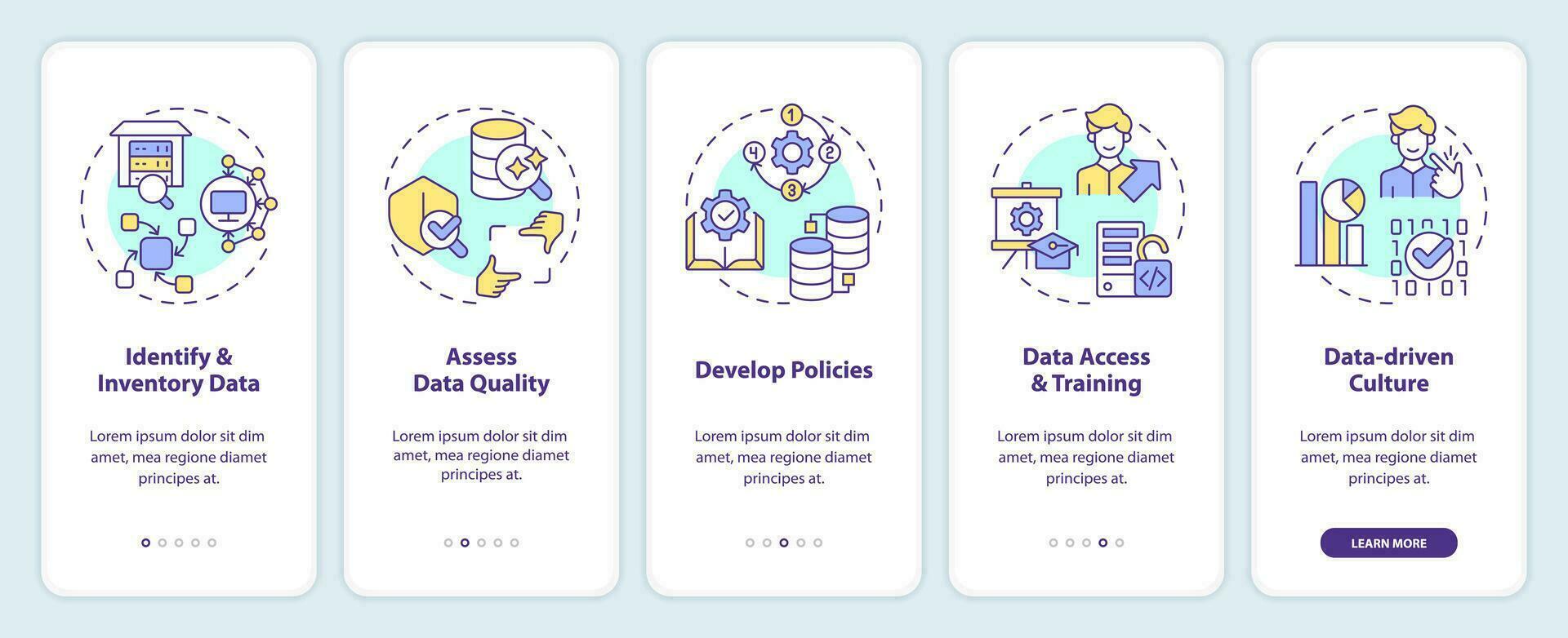 2D multicolor linear icons representing data democratization mobile app screen set. 5 steps graphic instructions, UI, UX, GUI template. vector