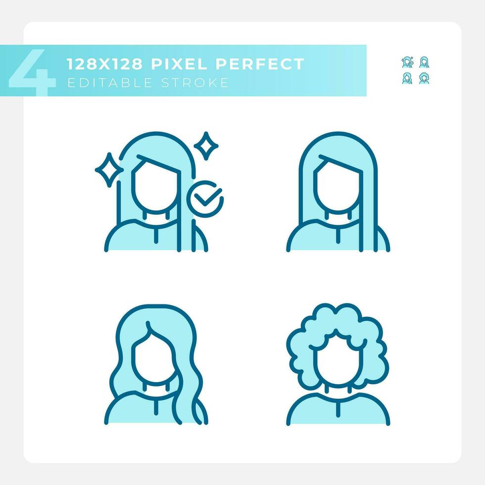 Pixel perfect thin line blue icons set representing haircare, editable monochromatic illustration. vector