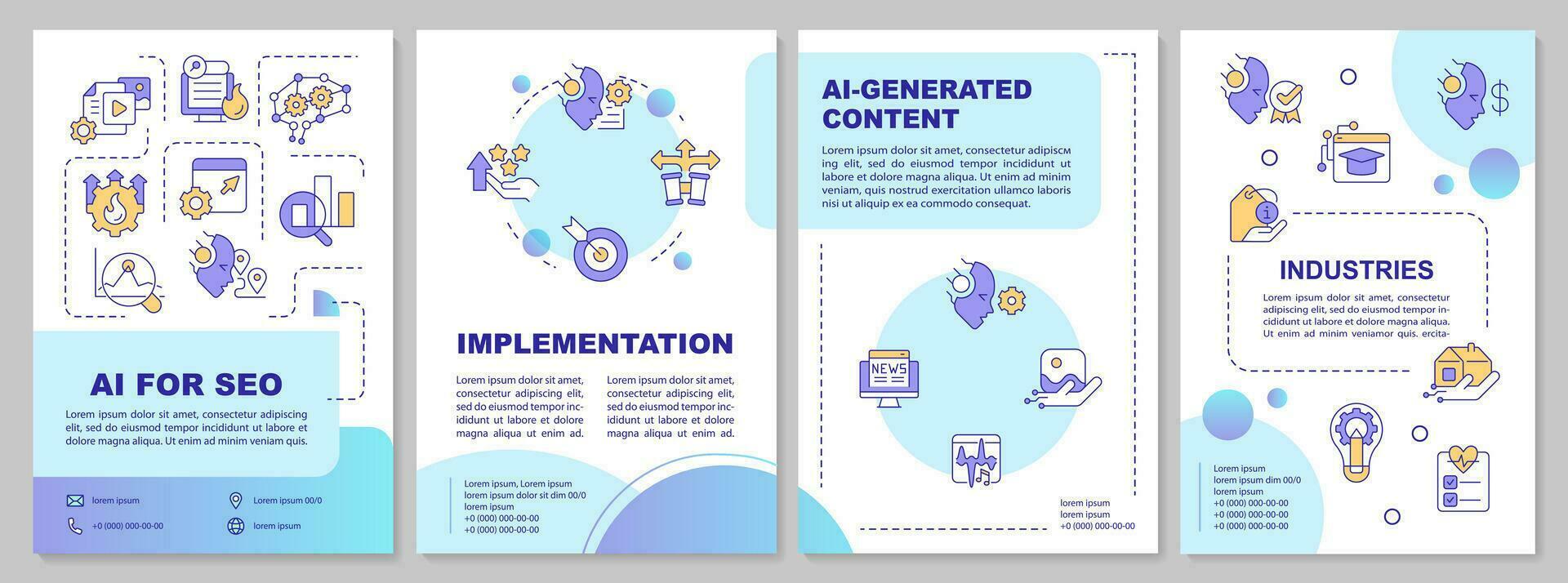 Sustainable AI for SEO brochure template, multicolor leaflet design with thin linear icons, 4 vector layouts.