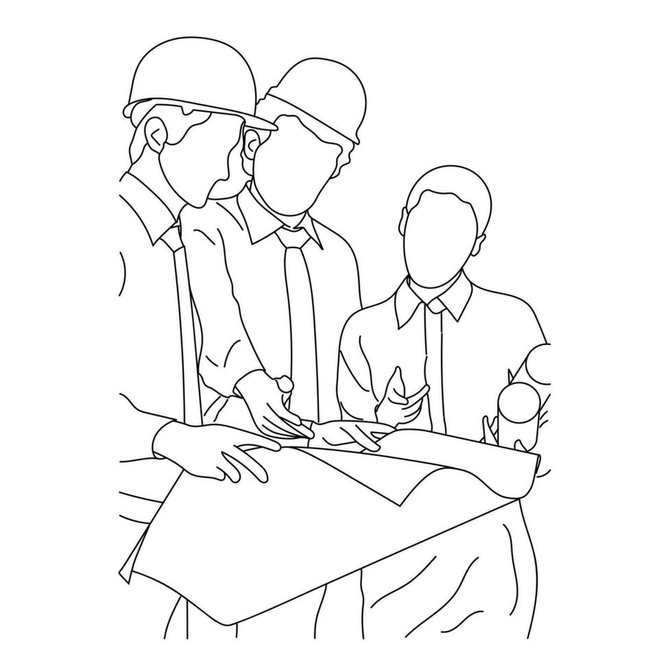 Line art of architect-engineer discusses construction project vector