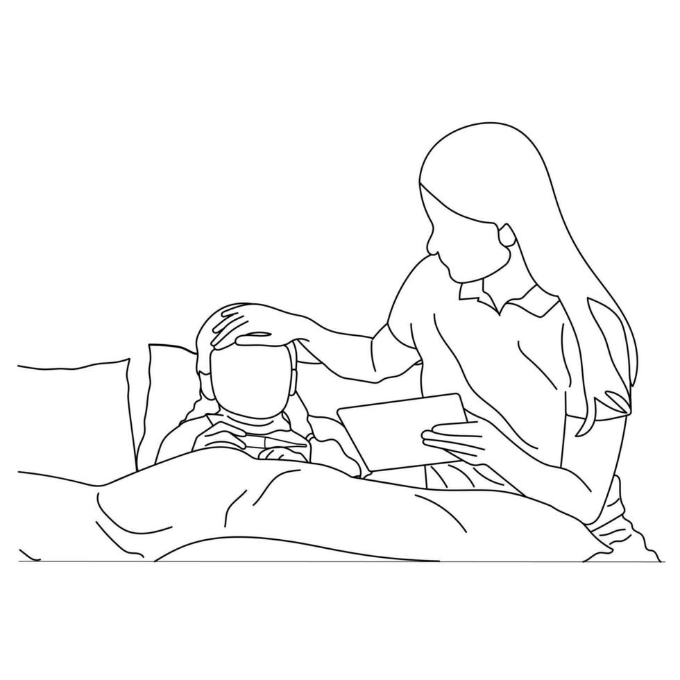 Mother checking fever of her daughter in bedroom line art isolated on a white background. vector