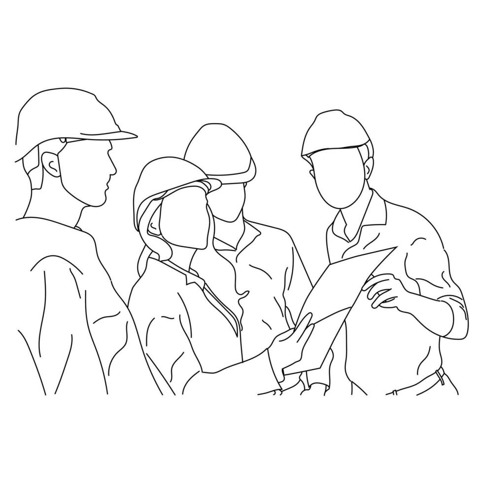 Line art of multiethnic architects working on construction plans in meeting room vector