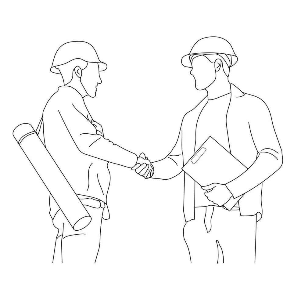 Line art of medium shot of engineer and architect shaking hands isolated on a white background. vector