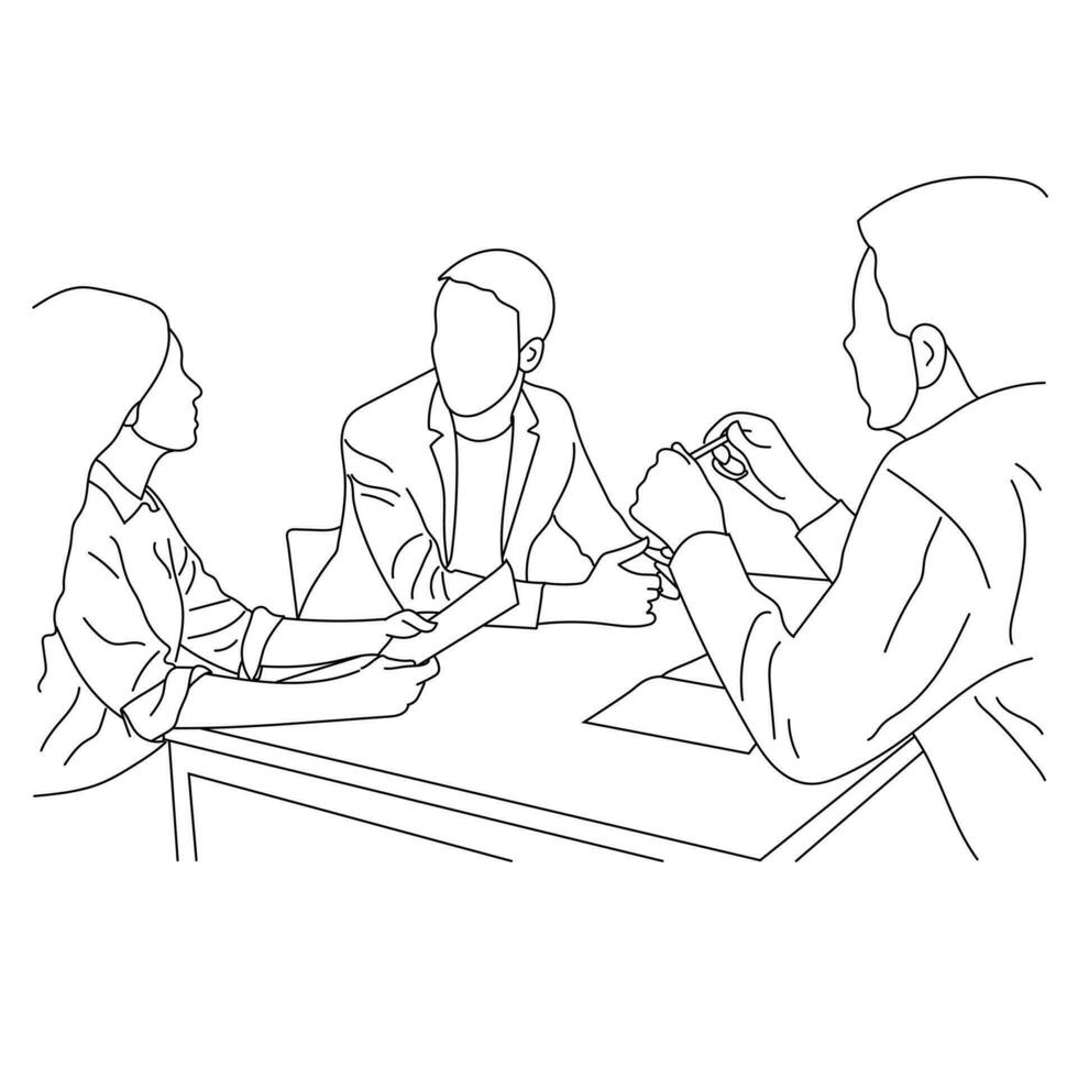 Business meeting discussion between workers in a table cartoon line art vector