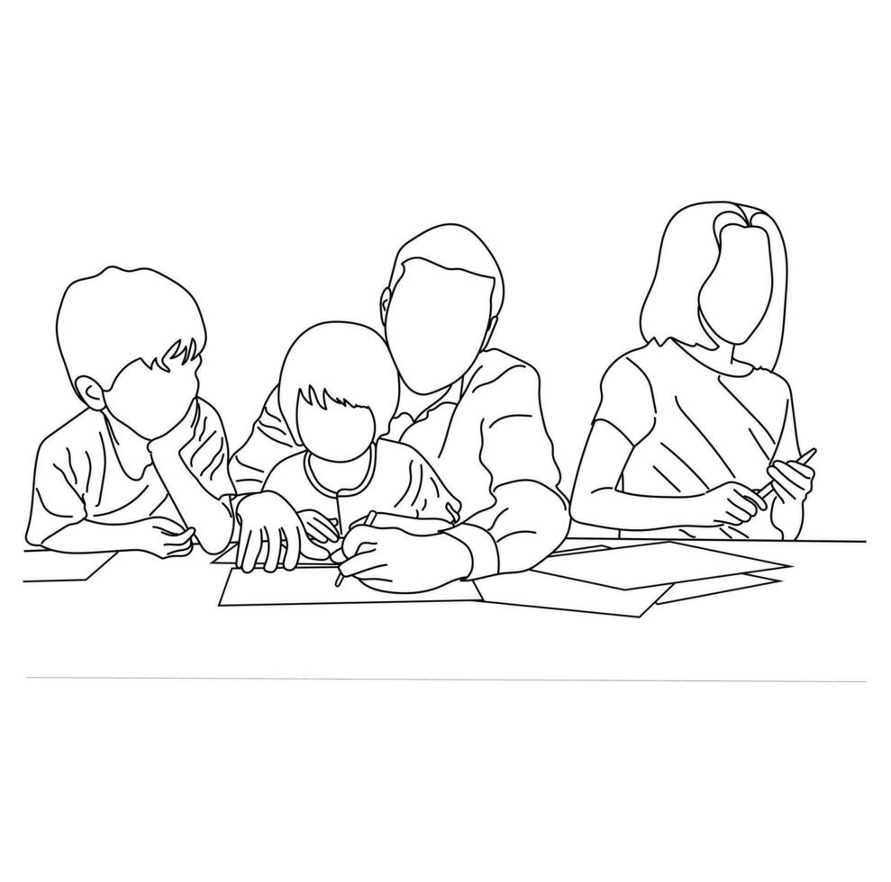 Loving dad and cute kids drawing with maker at tablet vector line art isolated on a white background.