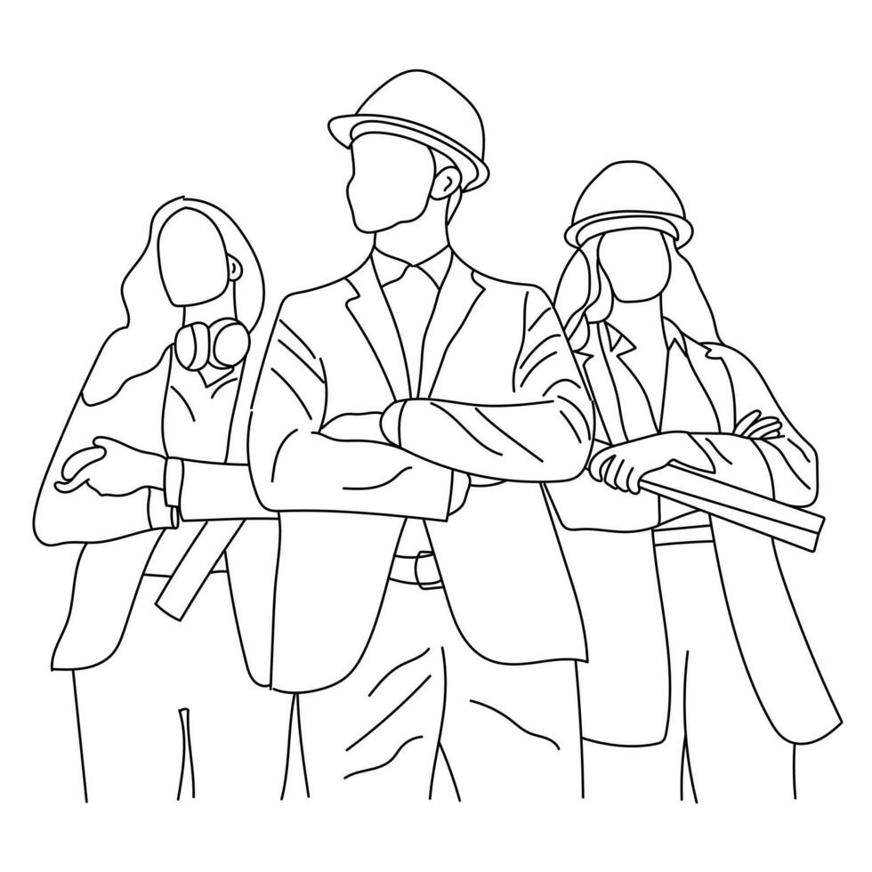 Line art of teamwork concept with architects isolated on a white background. vector