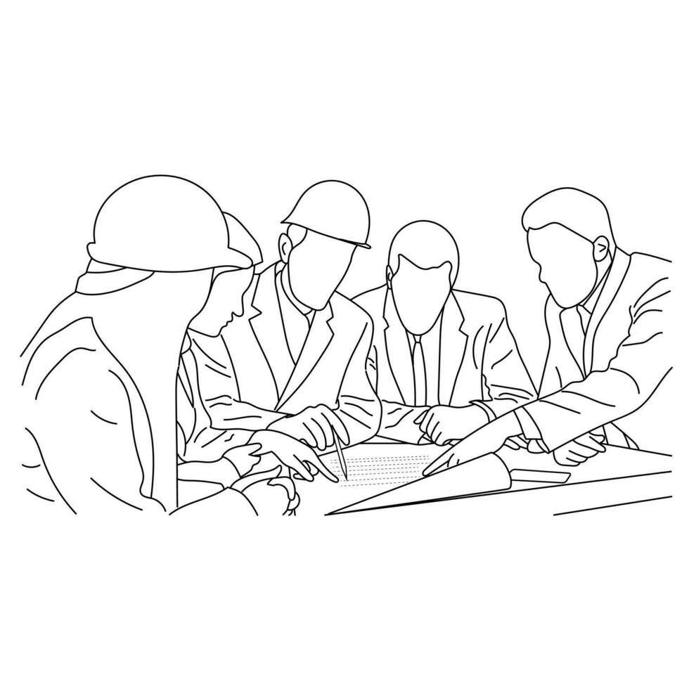Line art of architect-engineer discusses construction project in meeting room vector