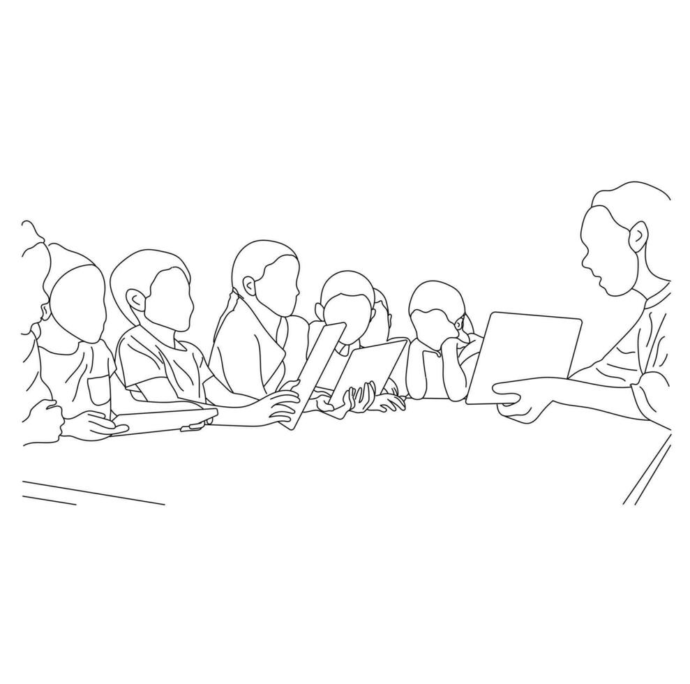 Teacher helping pupils with digital tablet vector line art isolated on a white background.