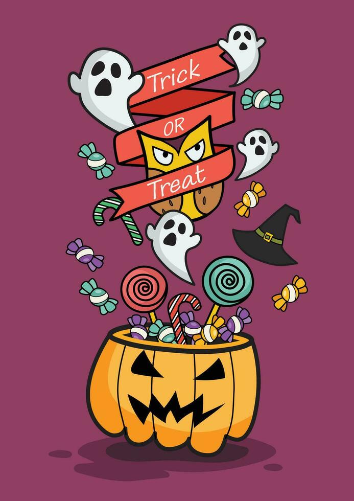 Halloween pumpkin basket on Trick or Treat Poster Doodle style vector