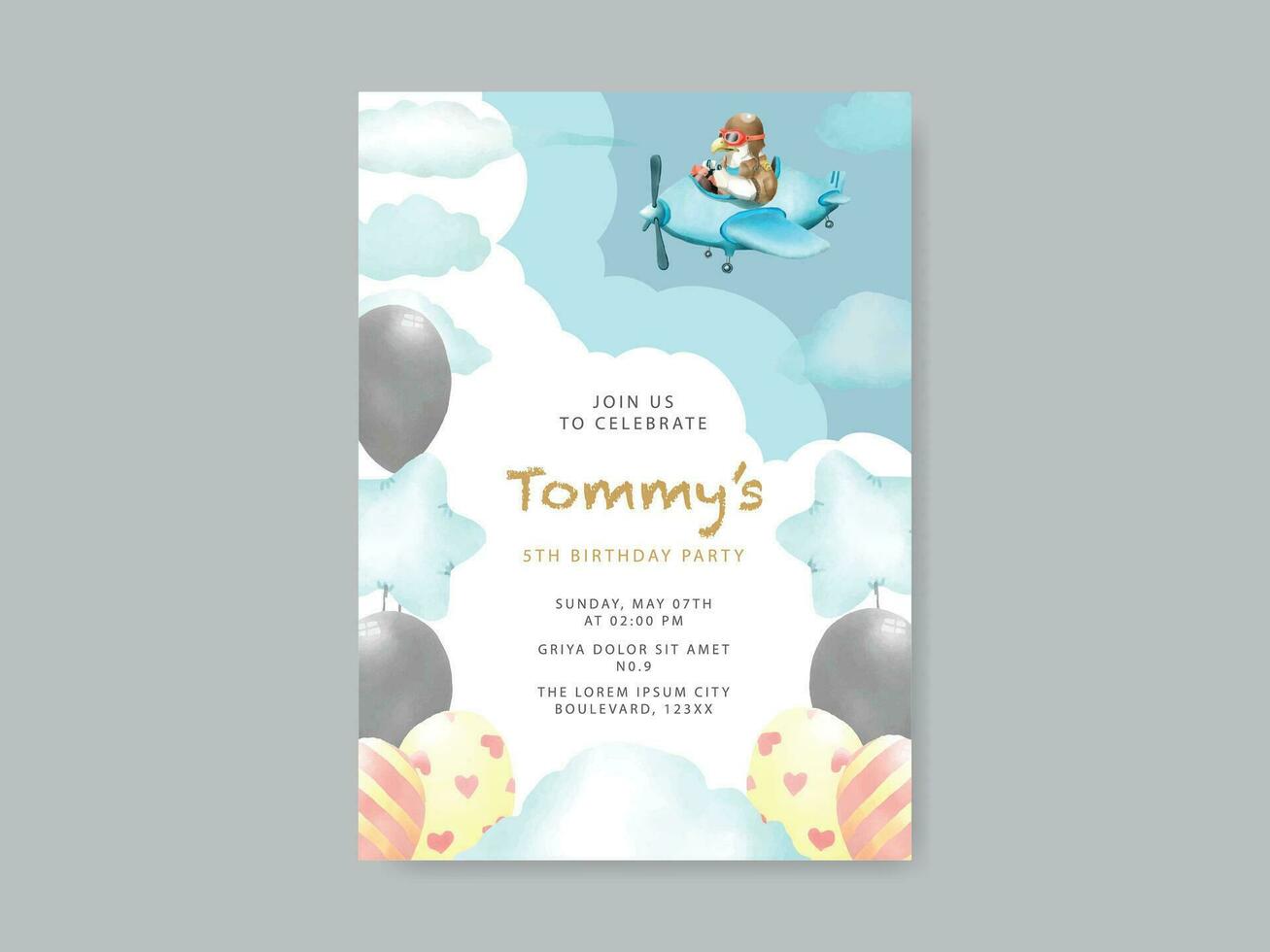 cute animal cartoon watercolor birthday invitation template vector