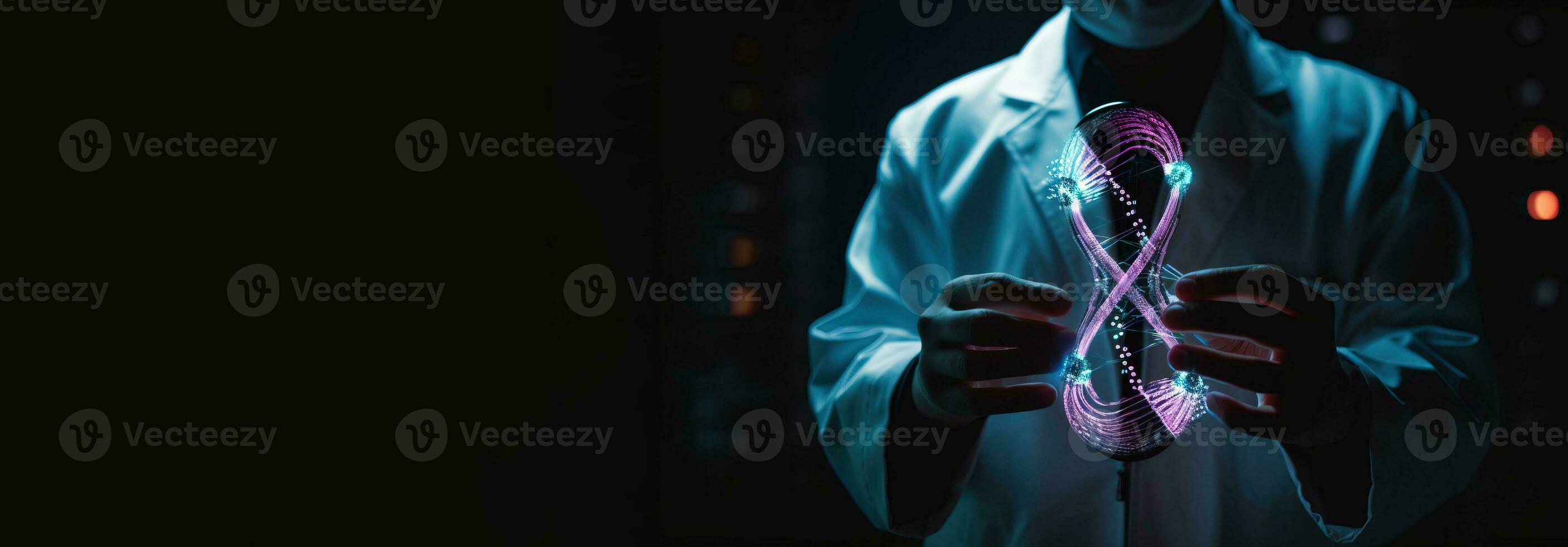 Human structure of DNA, researches of chromosomes. Black background, isolate. AI generated. photo