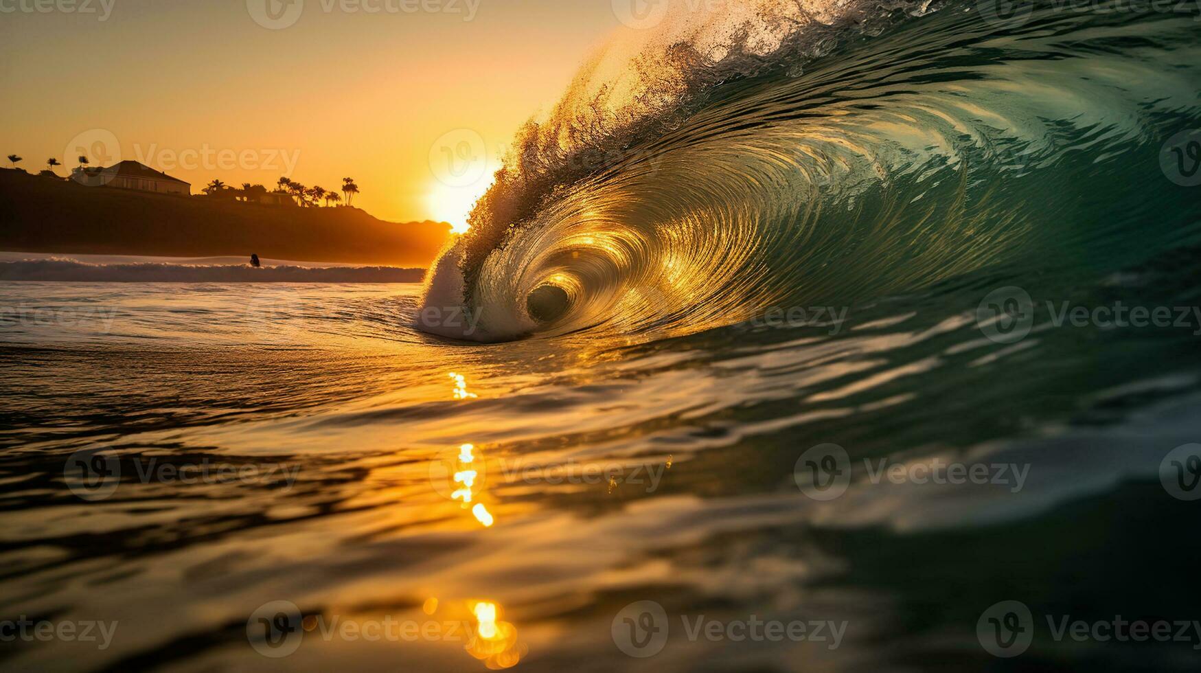 Indonesia a perfect wave sunset light, image with grain, highly detailed. AI Generative photo