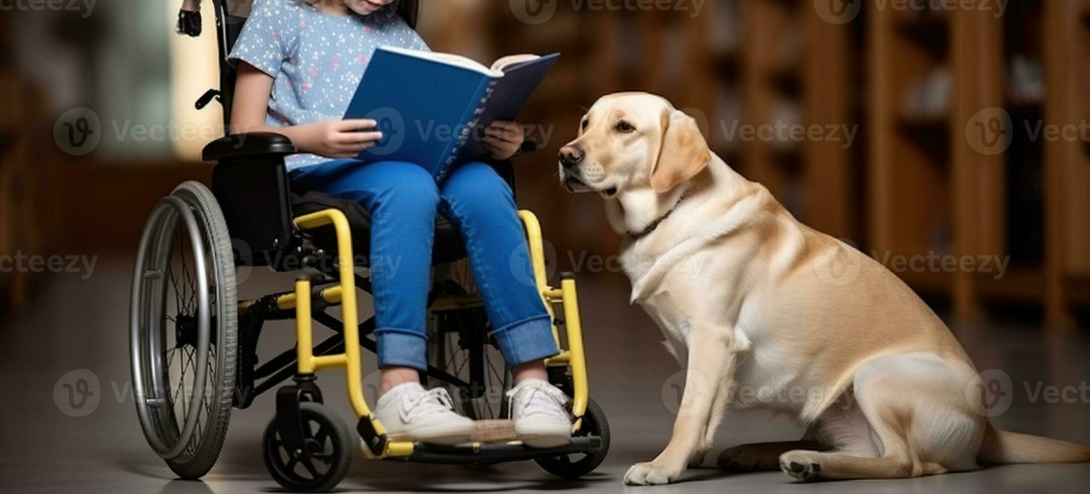 The Endearing Harmony of a Girl, Her Service Dog, and the World of Books. Generative AI photo