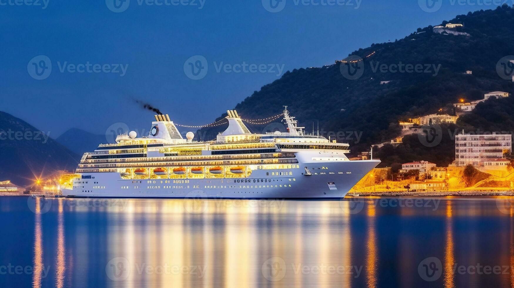 Beautiful white giant luxury cruise ship on stay at harbor, Generative AI photo