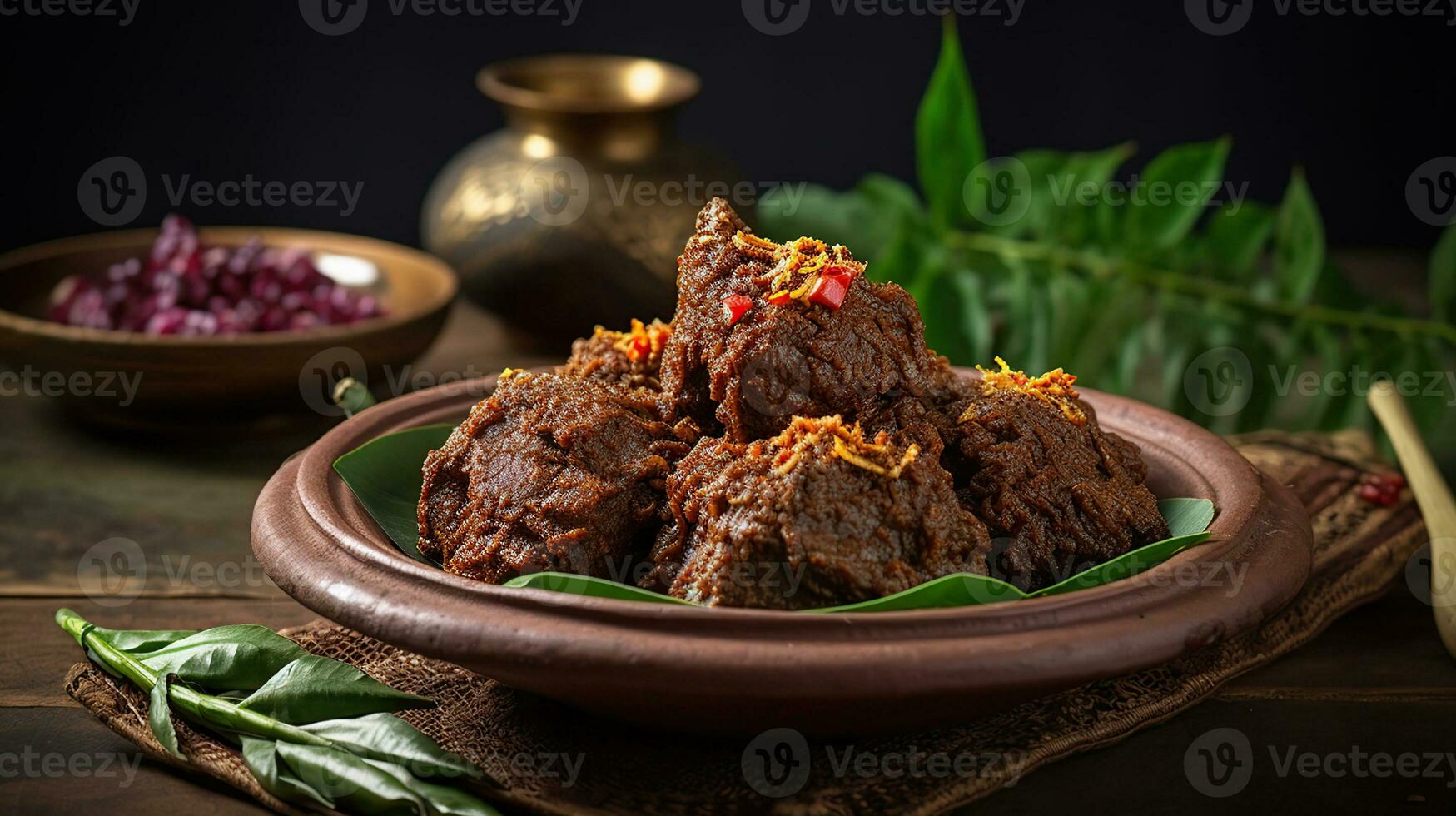 rendang es un indonesio Oeste Sumatra picante carne ese lento cocido en Coco Leche y mezclado especias, servido durante festivo eventos me gusta boda, eid Alabama fitr y eid Alabama adha, ai generativo foto