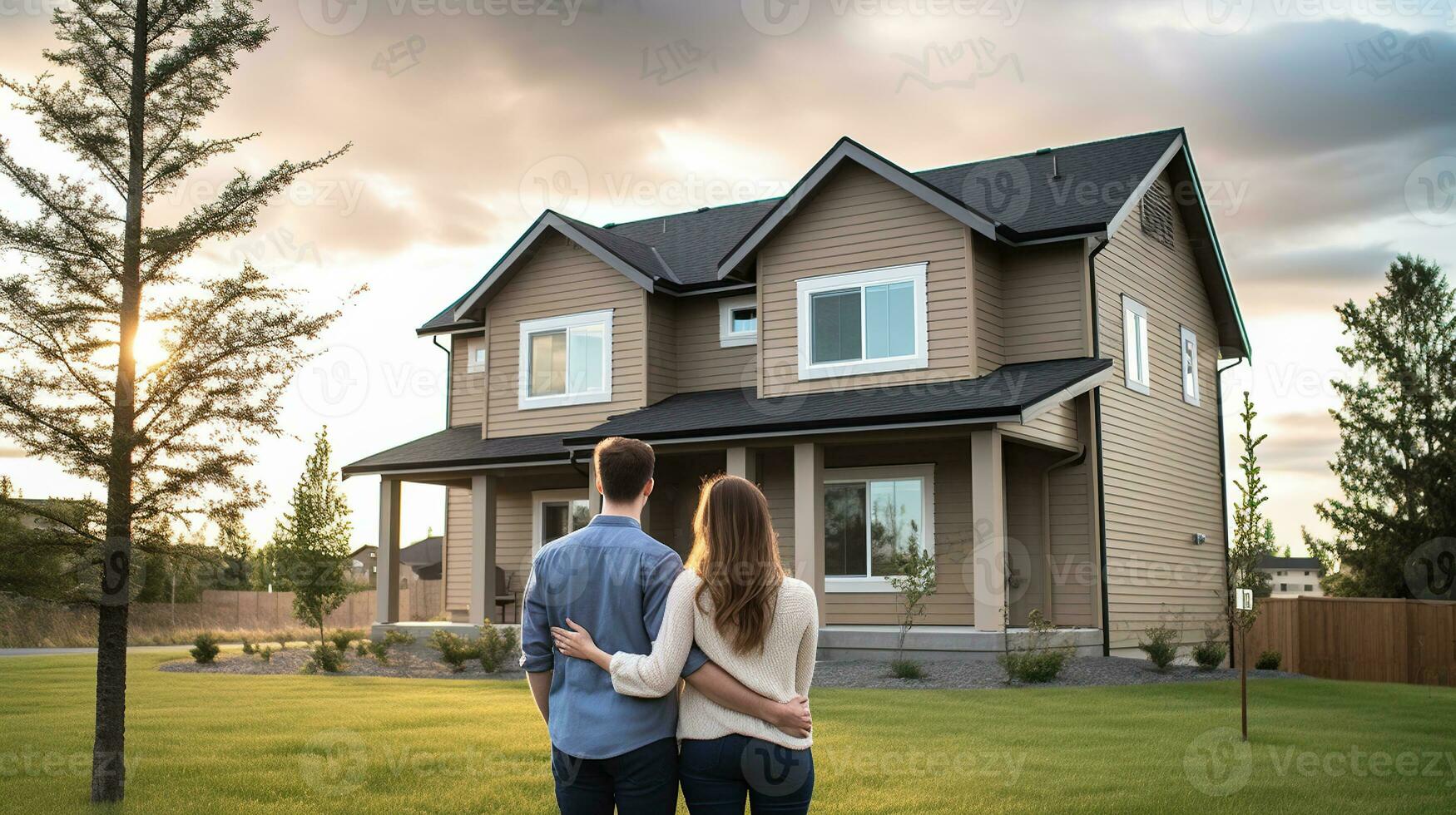 joven familia mirando a su nuevo hogar en pie con su espaldas, real inmuebles compra, inversión concepto. generativo ai foto