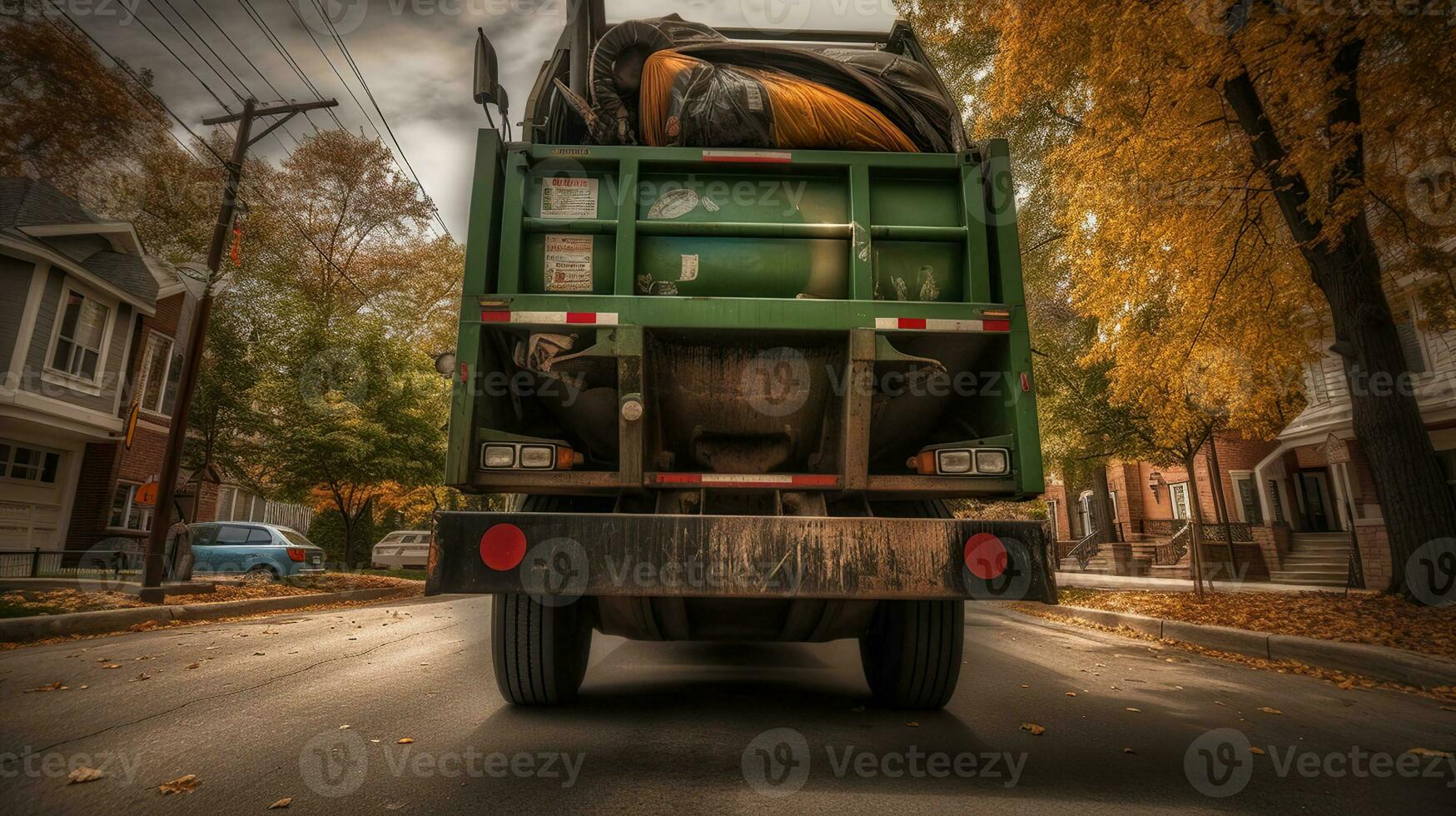 Garbage truck outdoor, back view. AI Generative photo