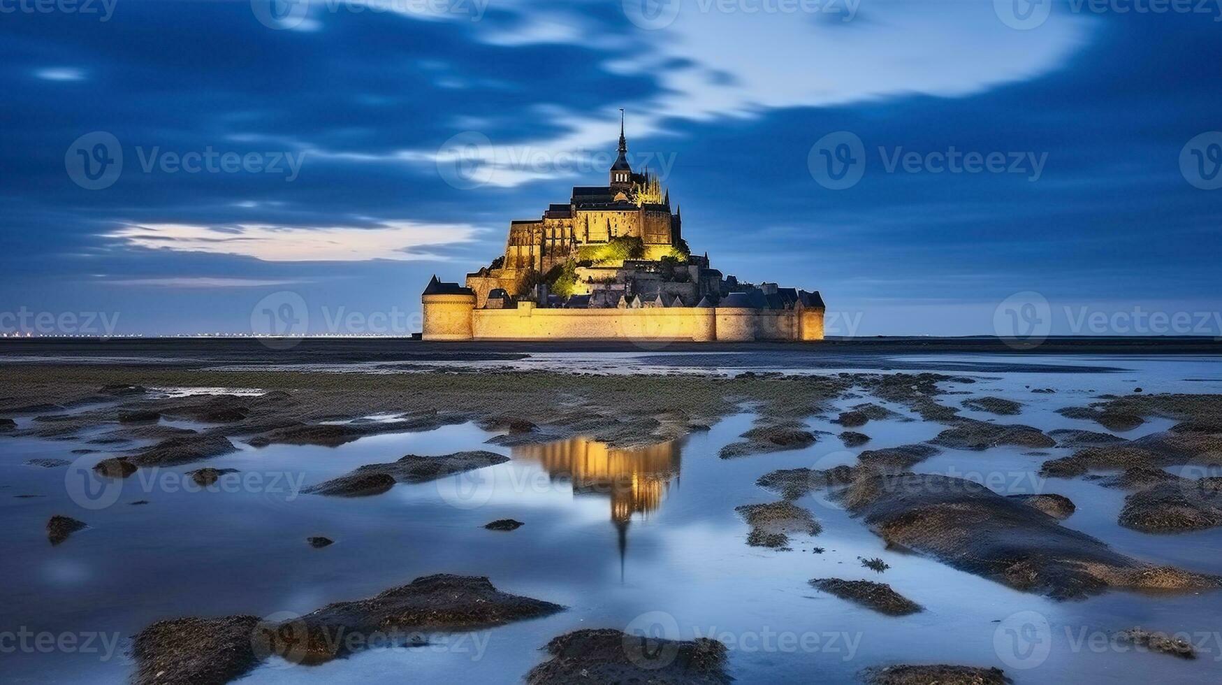 Low tide on the coast and view to the castle with night lights in Normandy, Generative AI photo