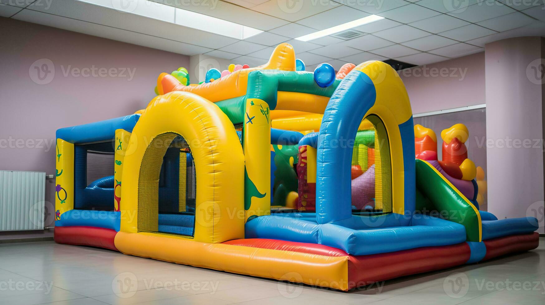 Close up modern inflatable playground for children indoor. Colorful kids zone with safety net for playing. AI Generative photo