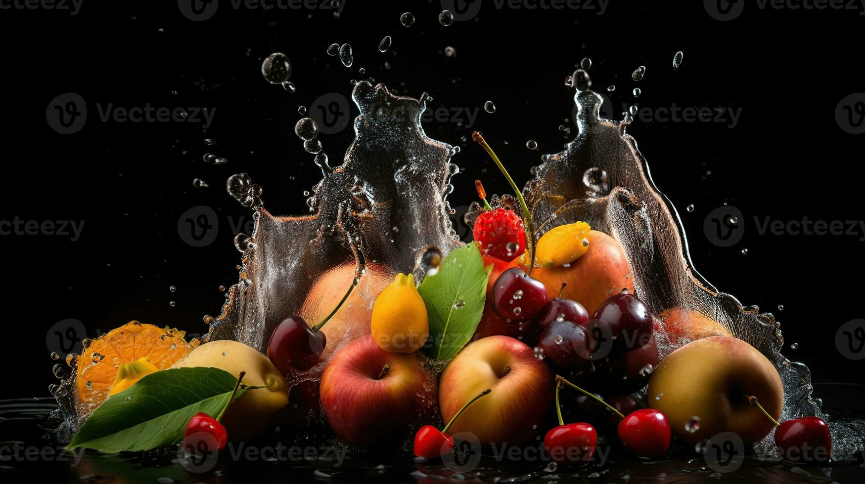 water splash, fruit on a black background wine, apricot and peach, generative ai photo