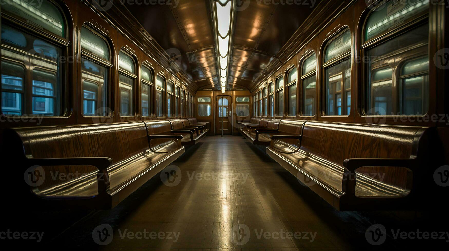 A subway car filled with lots of wooden benches, mirrored, AI Generative photo