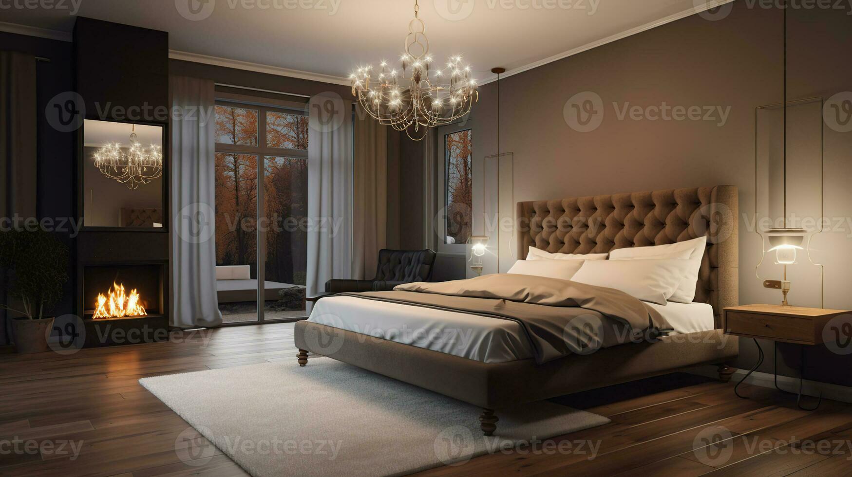 Interior of stylish bedroom with fireplace in evening, generative ai photo