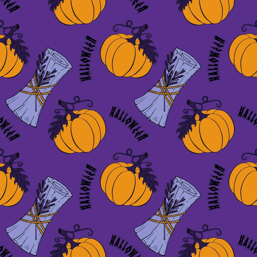 Halloween pattern with orange pumpkin and magic blue scroll hand drawn doodle, dark background. vector