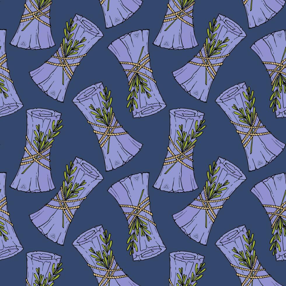 Pattern Magic blue scroll witchcraft hand drawn doodle, with green rosemary twigs, dark blue background. vector