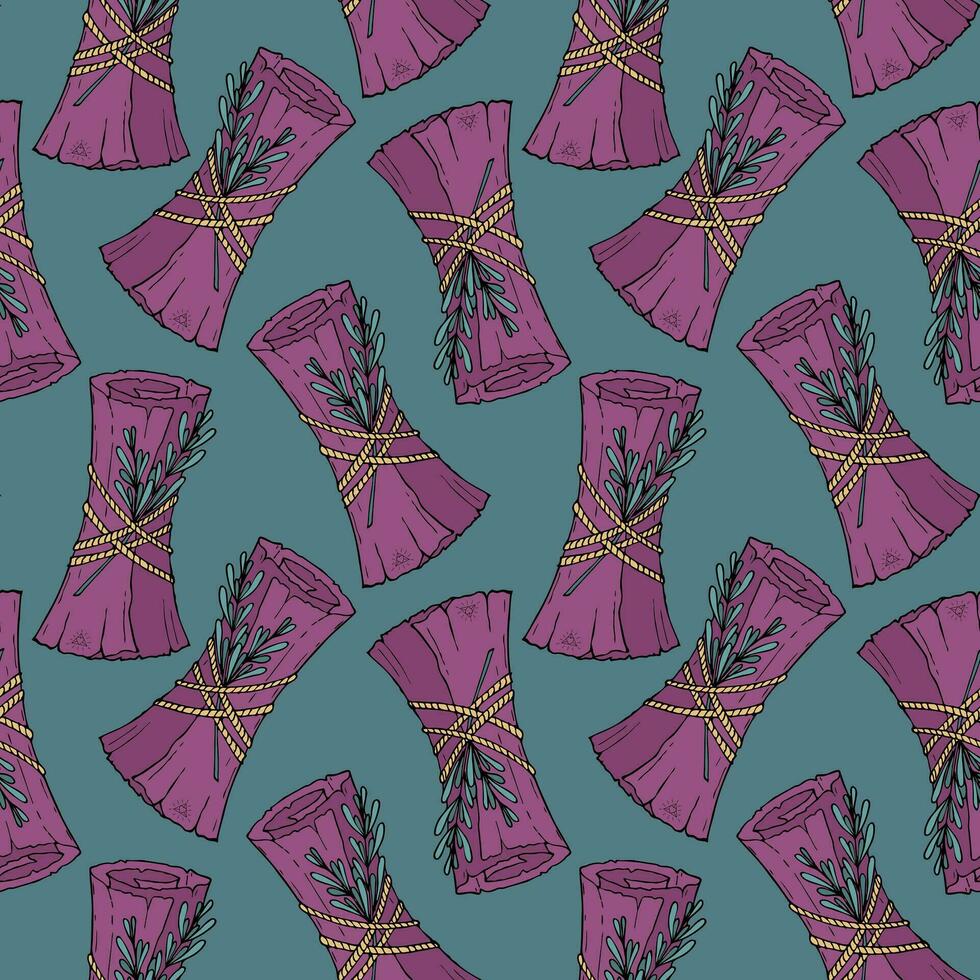 Pattern Magic scroll witchcraft hand drawn doodle, with rosemary twigs, dark background. vector