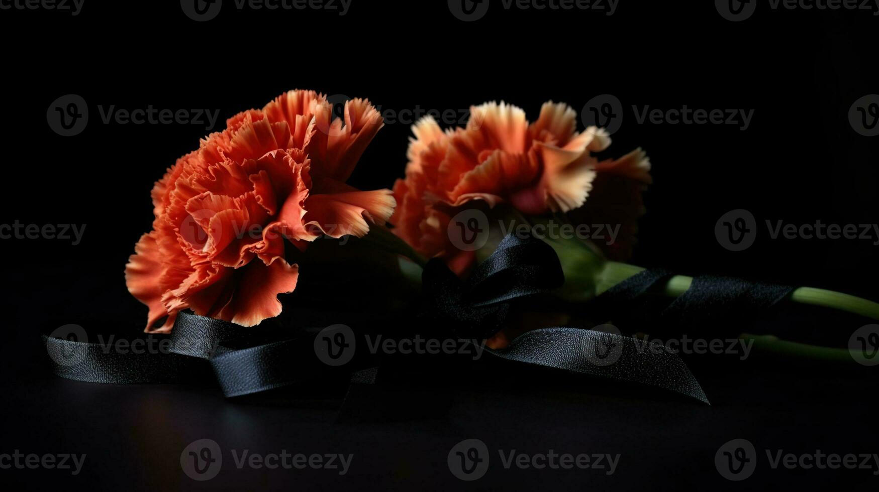 Black funeral ribbon with carnation flowers, AI Generative photo