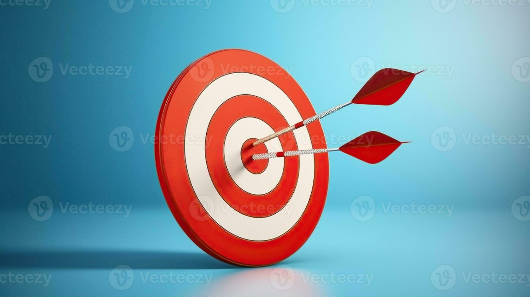 Creative illustration of red round shaped target with thin arrow representing concept of setting goals correctly on blue background, Generative AI photo