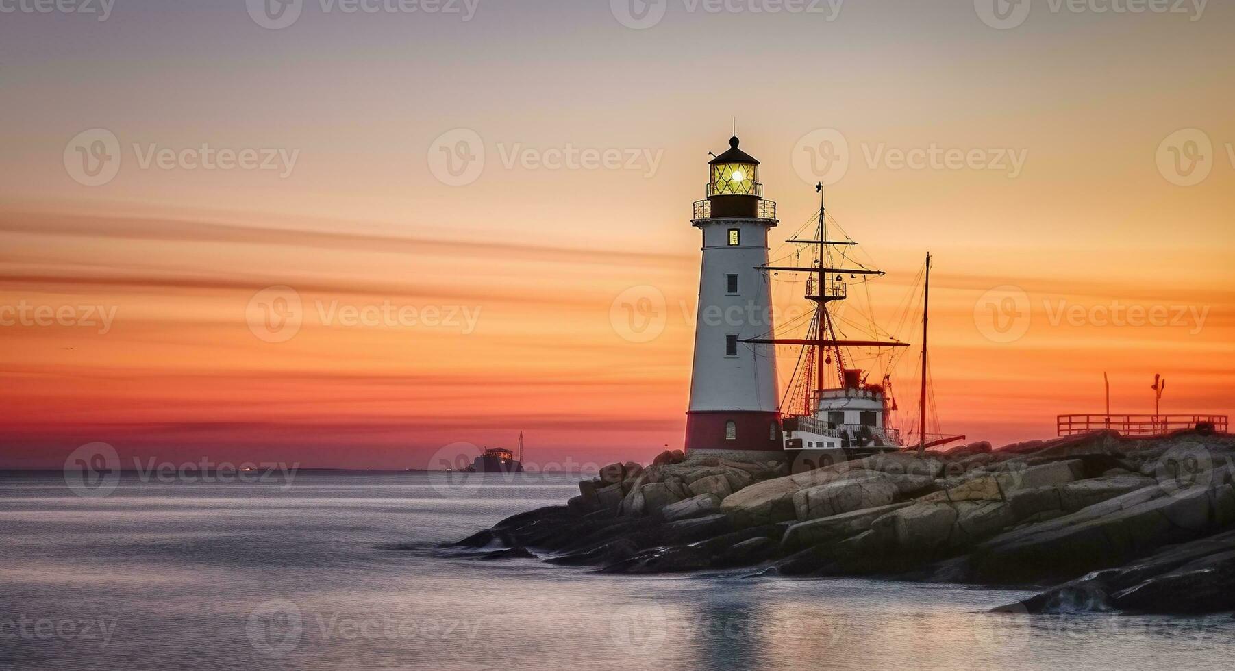 Shipwreck and Lighthouse Silhouettes in Perfect Harmony. Generative AI photo