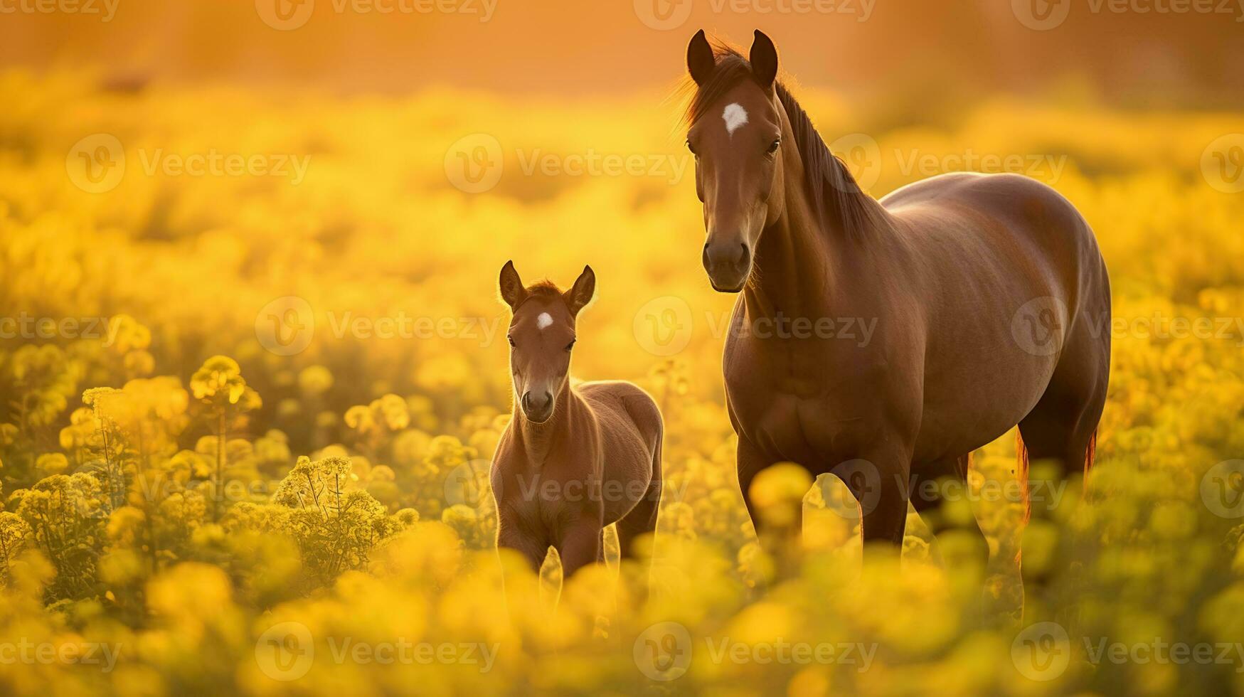 A mare and its baby horse in a field of flowers, in the style of golden light, Generative AI photo