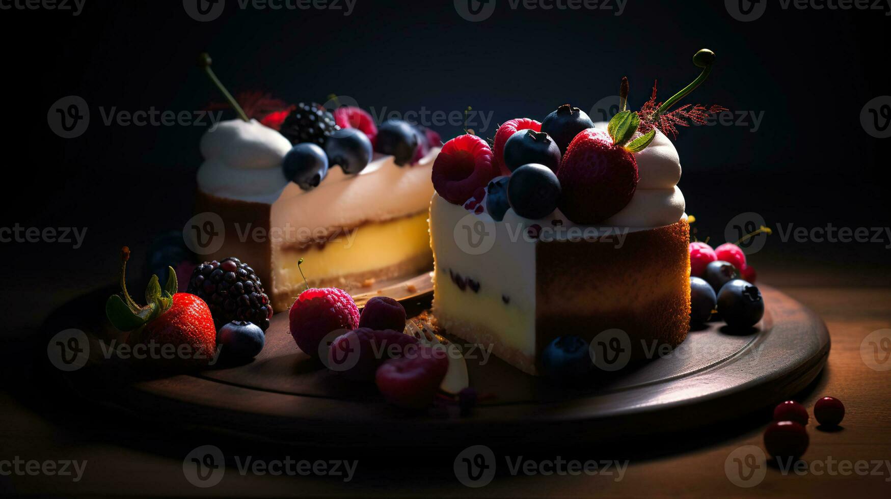 A slice of cake is in white and has strawberries and berries on it, in the style of black background, bold lines, vibrant color, light amber. Generative AI photo