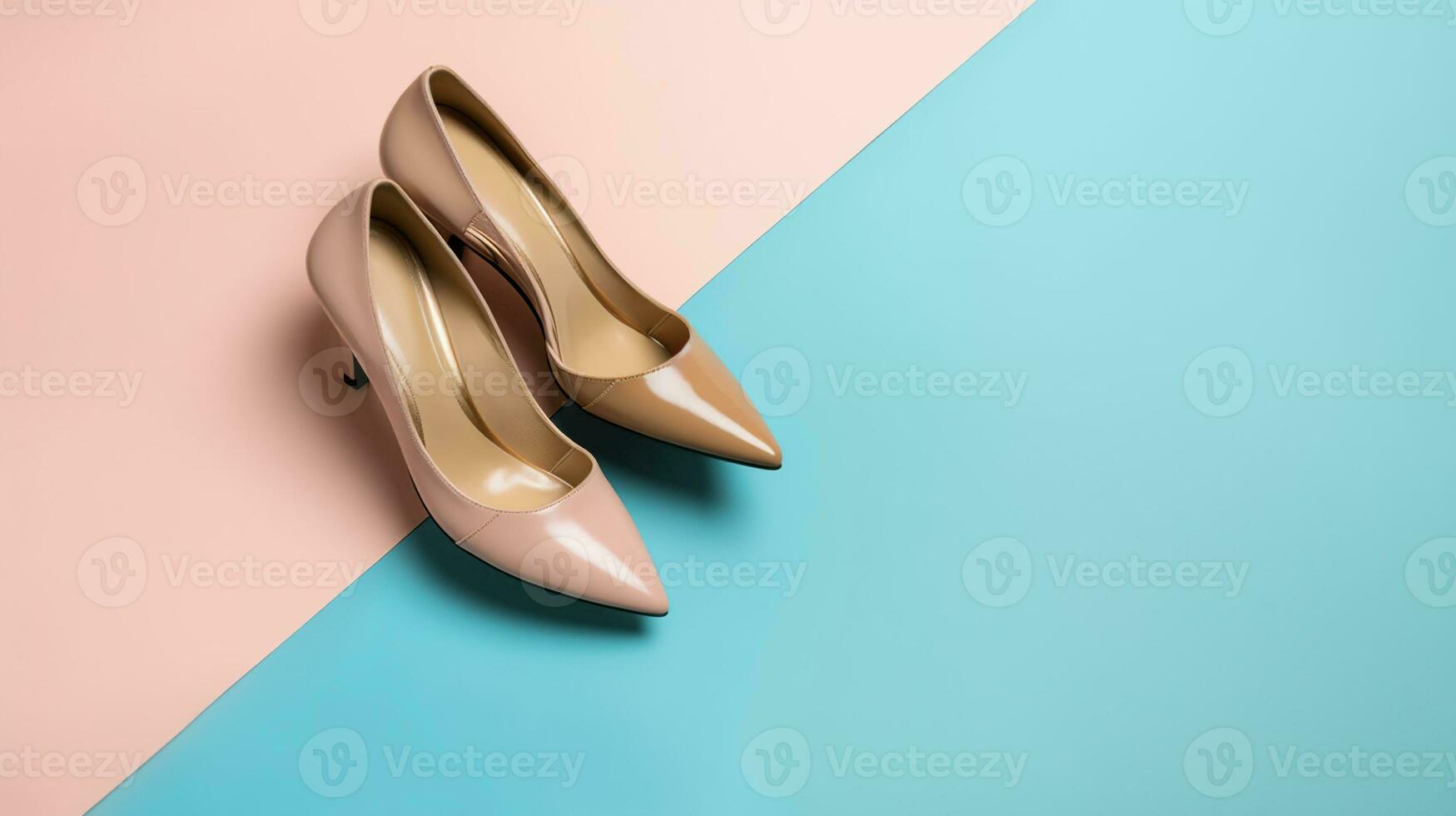 Stylish classic womens beige leather shoes with medium high heels, on blue multi-colored paper background. Copy space, flat lay. Shoe sale, clearance ad concept. AI Generative photo