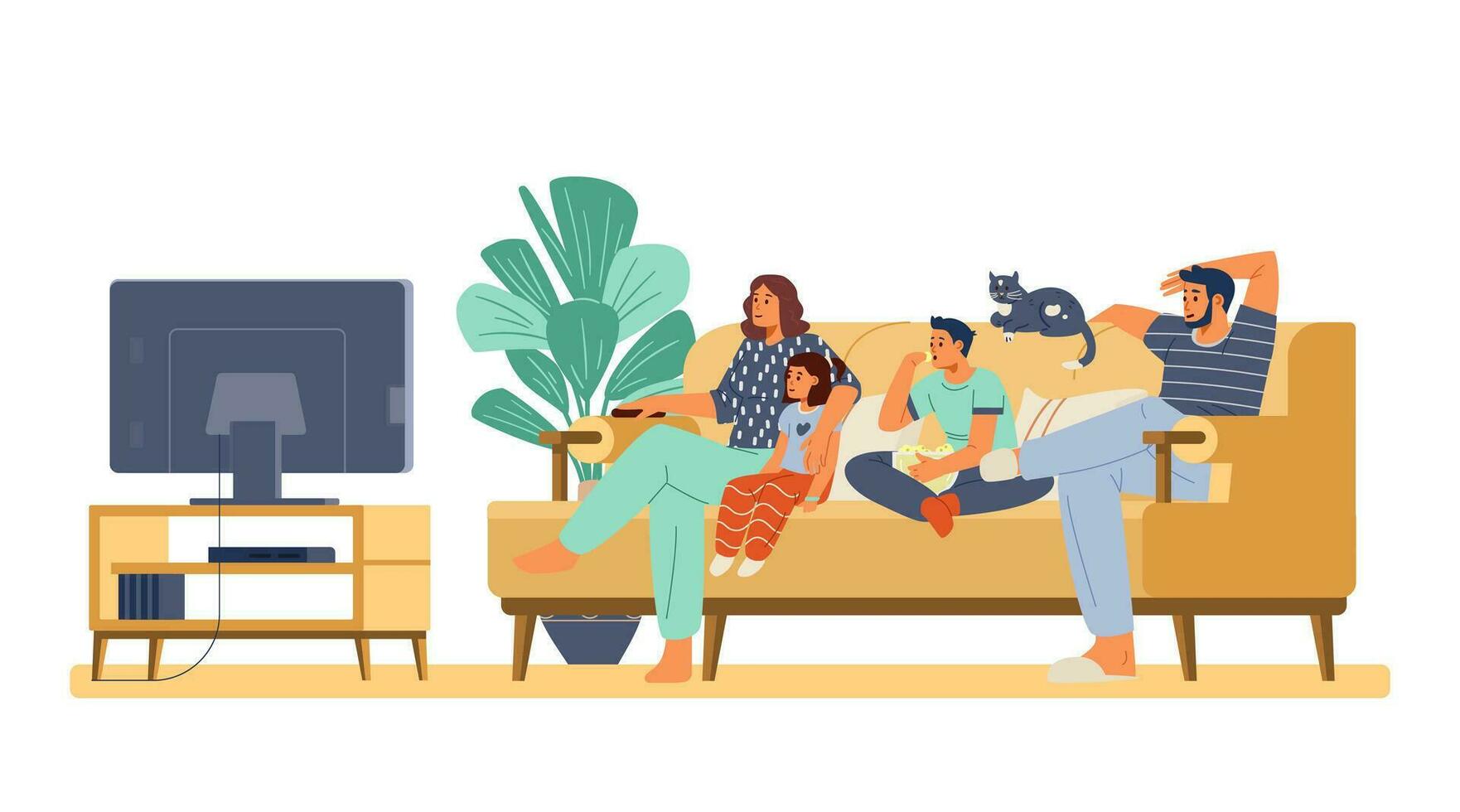 Family with two kids and a cat watching TV together sitting on the couch flat vector illustration.