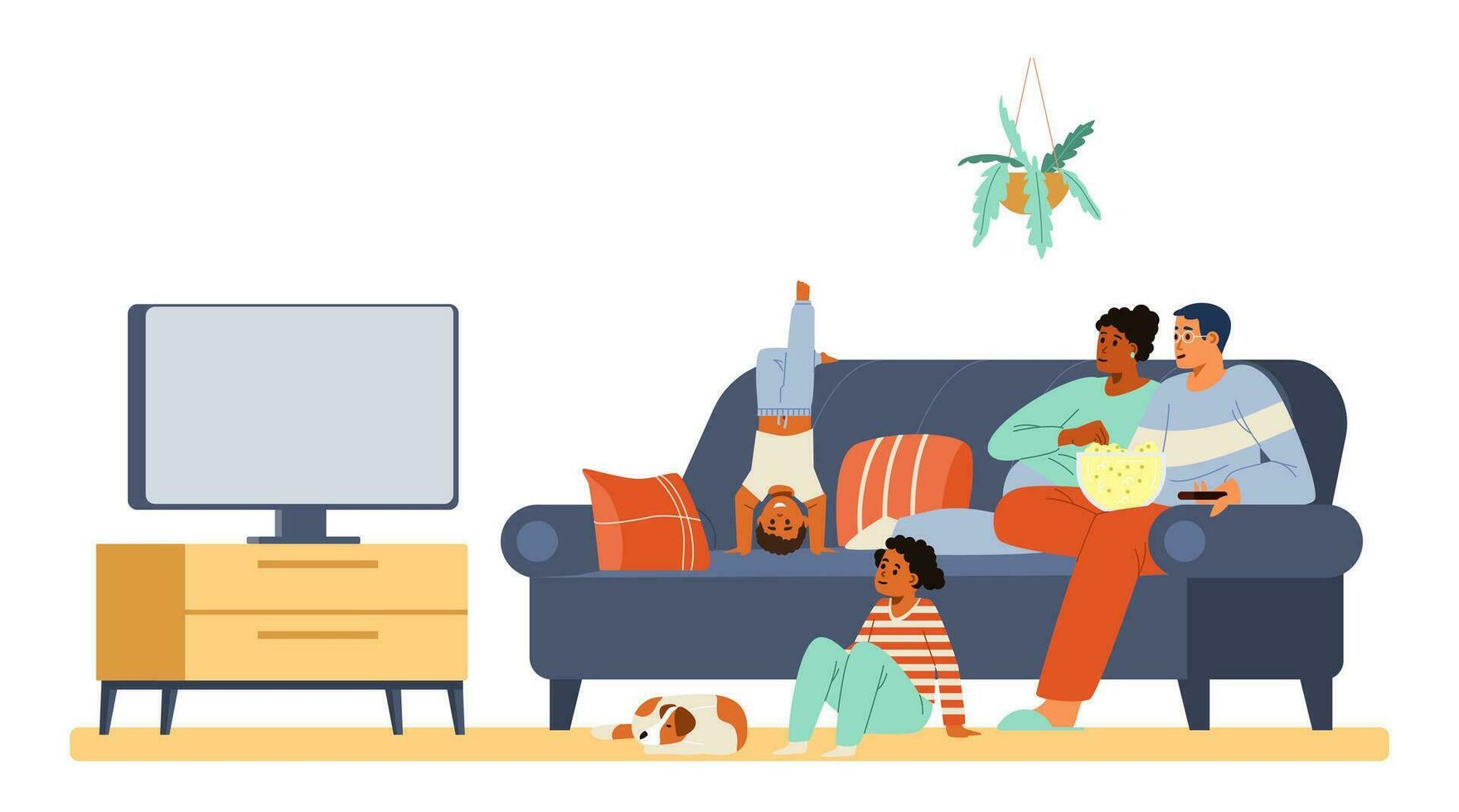 multirracial familia con dos niños y un perro acecho televisión juntos sentado en el sofá plano vector ilustración.