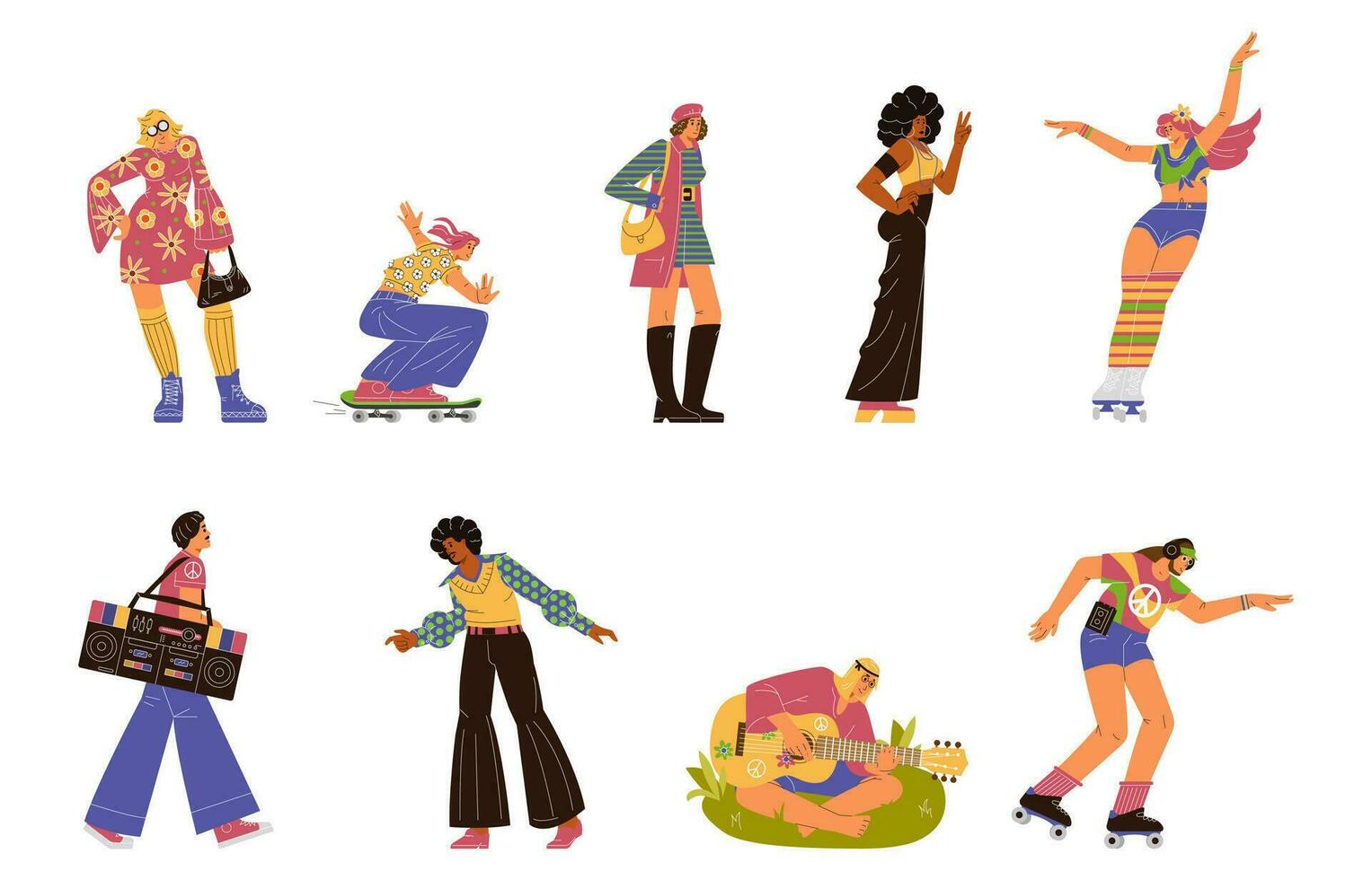 People from the 70s vector illustrations set. Men and women in retro clothes dancing disco, roller skating, playing guitar, skating. Fashion and culture of the 70s.