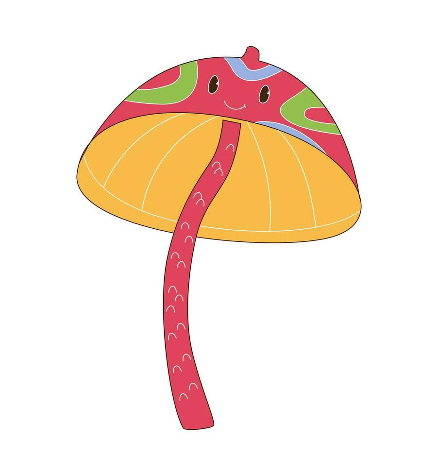 Mushroom funky retro vector illustration in the 70s style. Psychedelic mushroom with funny face.