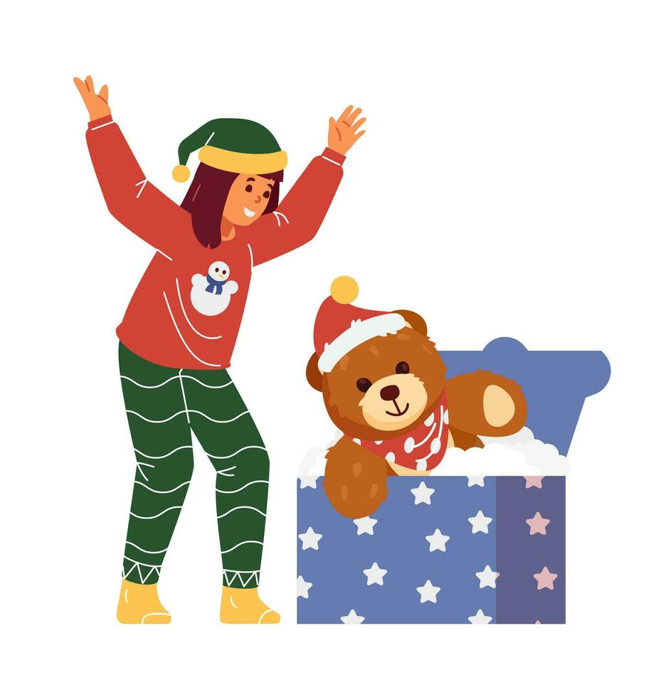 Happy girl in Christmas outfit opening big gift box with teddy bear flat vector illustration isolated on white. New year surprise.