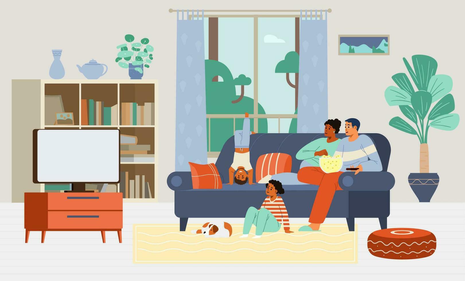 multirracial familia con dos niños y un perro acecho televisión juntos sentado en el sofá a hogar plano vector ilustración. vivo habitación interior.