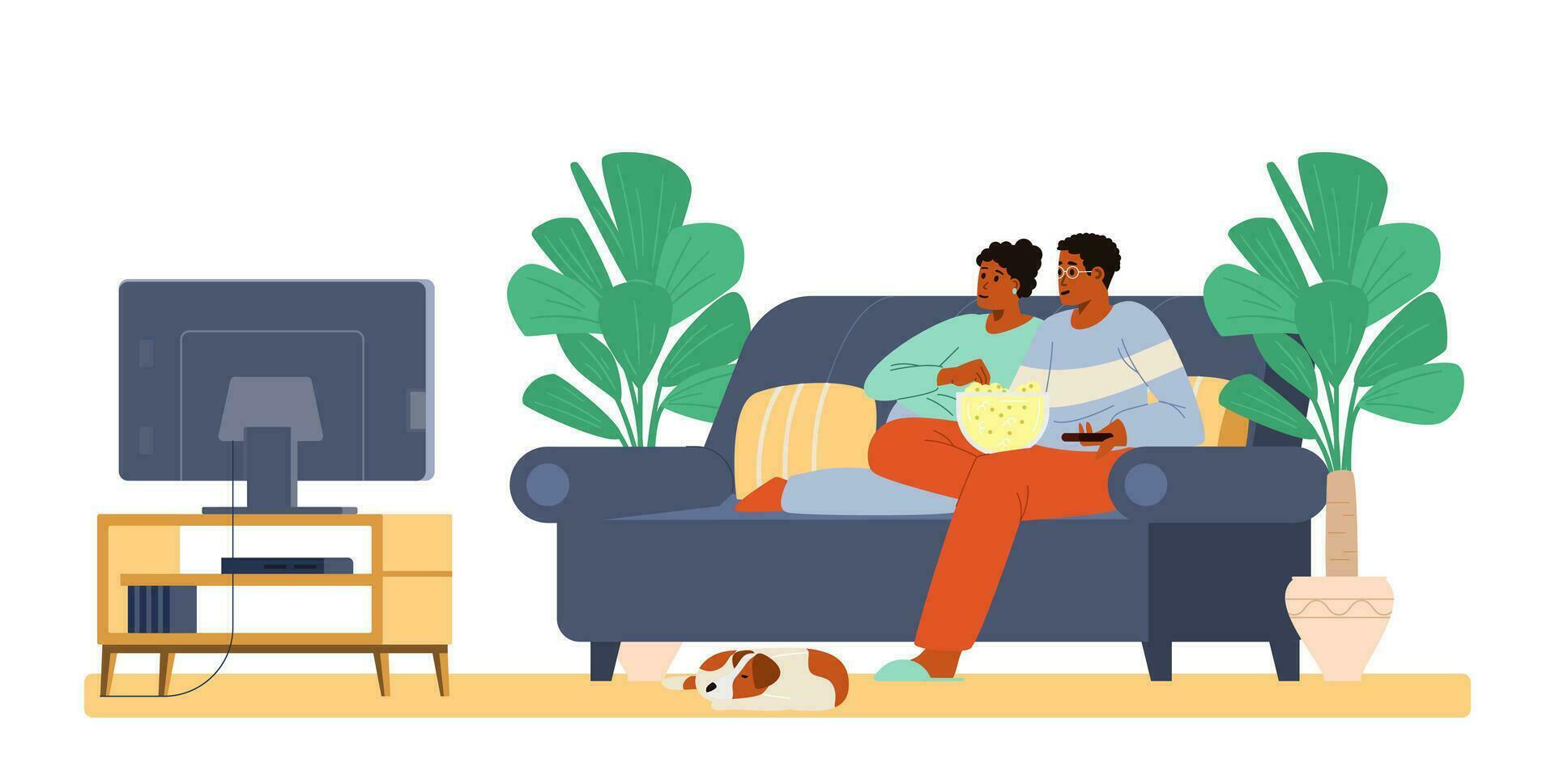 africano americano Pareja en amor con un perro acecho televisión y comiendo palomitas de maiz juntos sentado en el sofá a hogar plano vector ilustración.