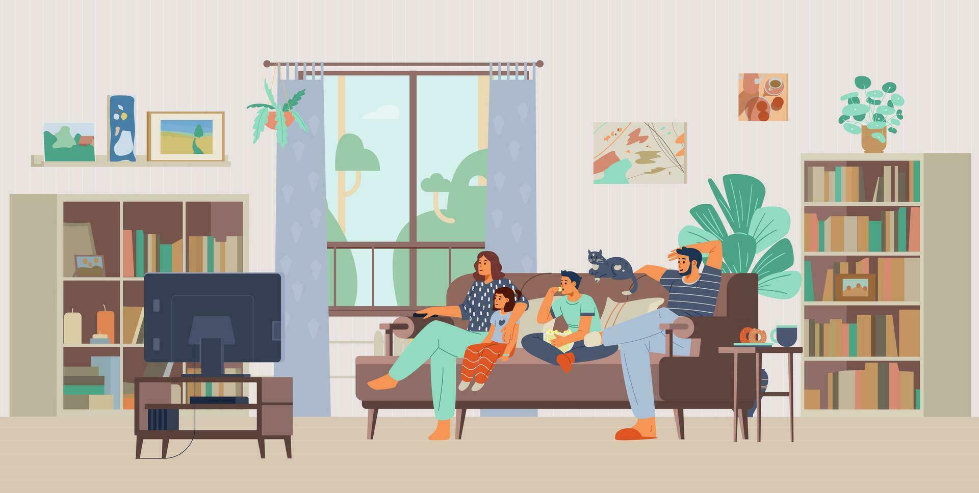 familia con dos niños y un gato acecho televisión juntos a hogar. padres con niños sentado en el sofá en el vivo habitación plano vector ilustración.