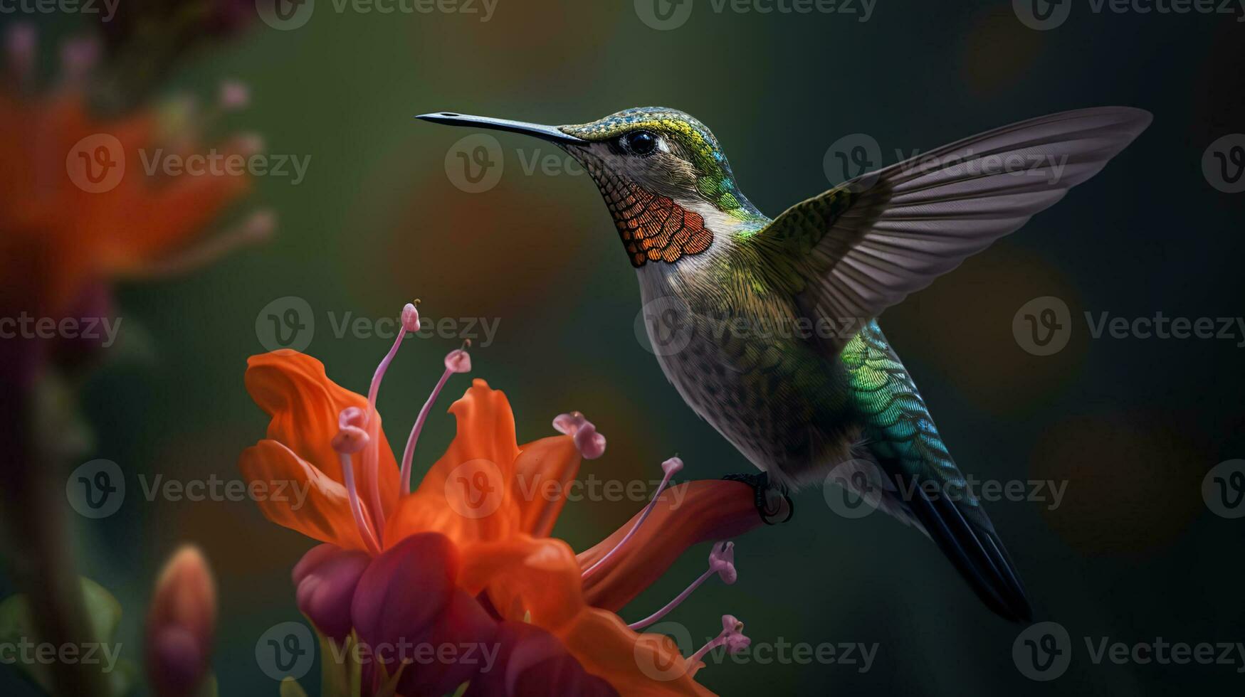 Hummingbird flies near red flowers. AI Generative photo