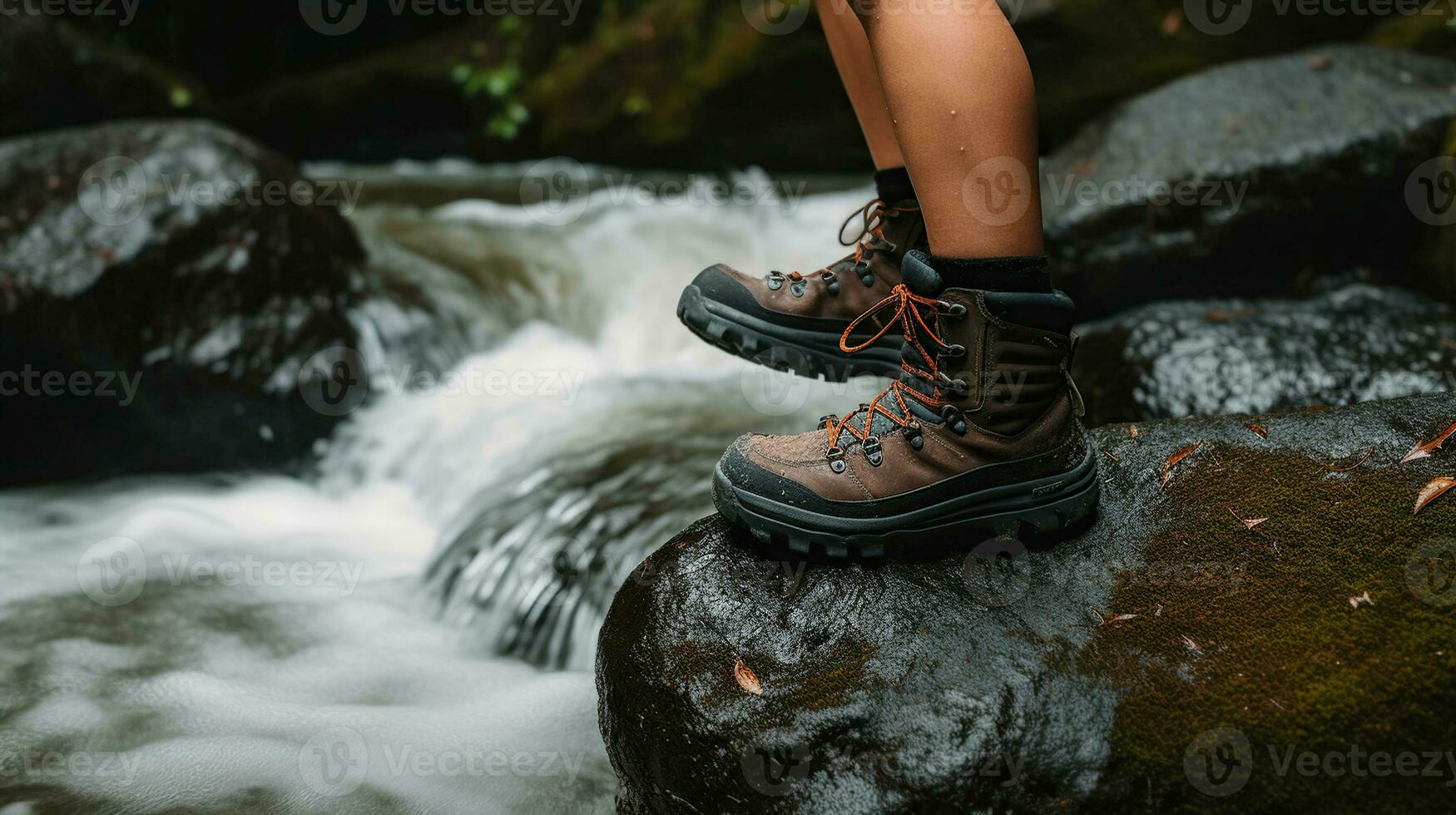 A Hiker's Quest Unfolds, Traversing Rugged Terrain with Determined Trekking Shoes. Generative AI photo