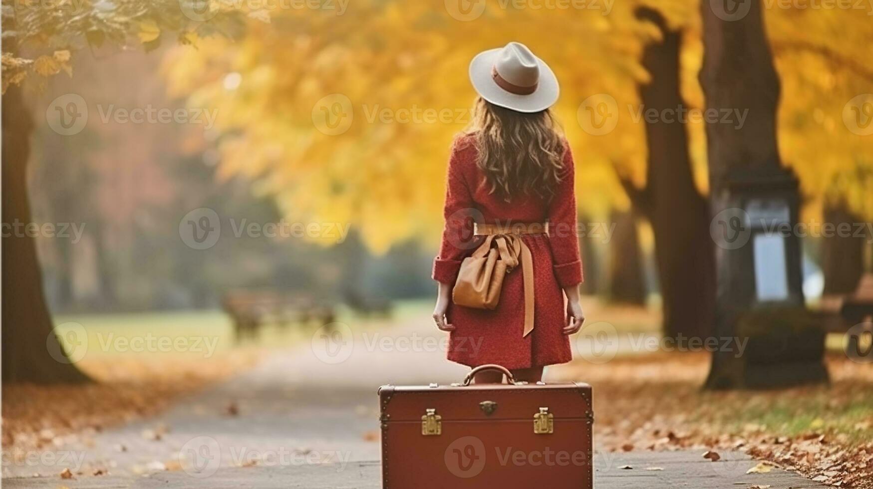 A Young Woman and Her Vintage Suitcase Amidst Autumn's Splendor. Generative AI photo